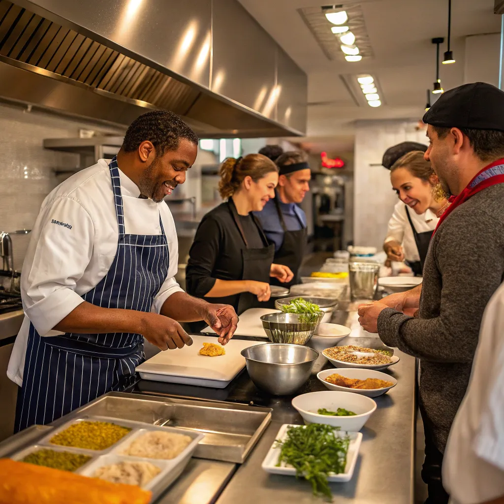 Chef Marcus and team in the kitchen, teaching a cooking class